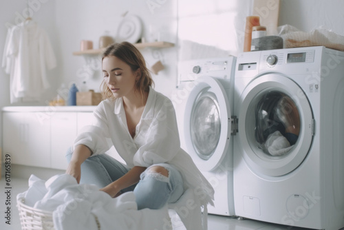 Happy woman doing laundry ai generated