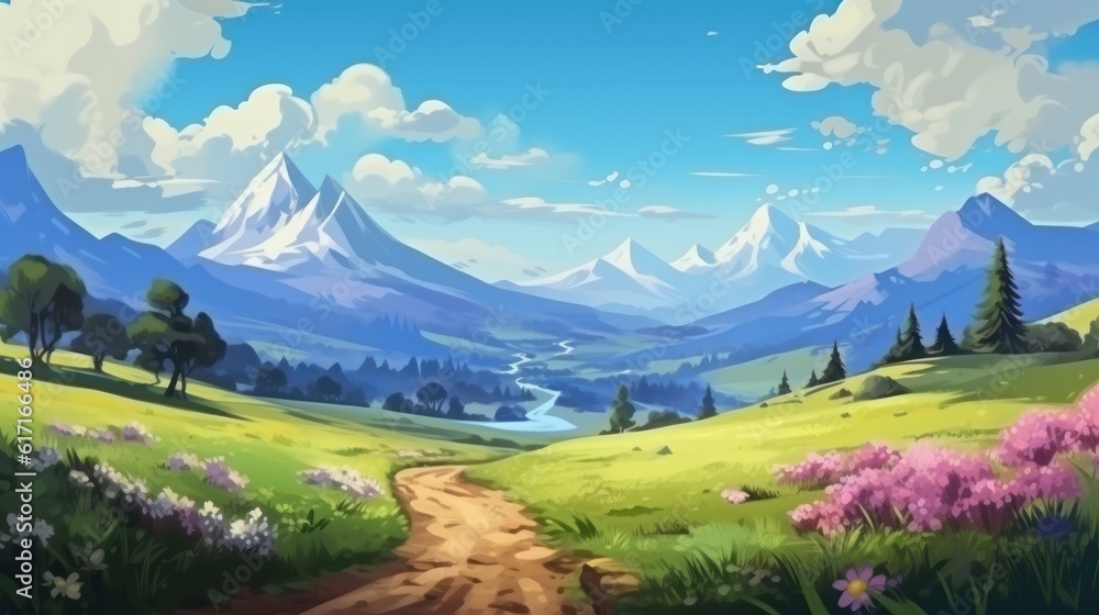 A land with beautiful views, mountains in the background, beautiful vegetation game art