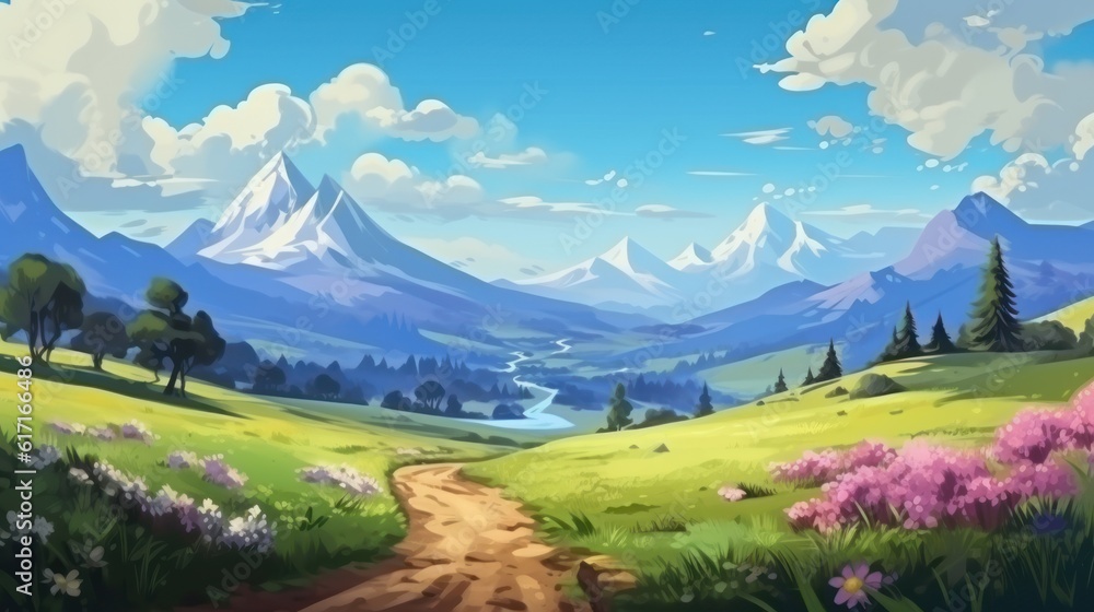 Fototapeta premium A land with beautiful views, mountains in the background, beautiful vegetation game art