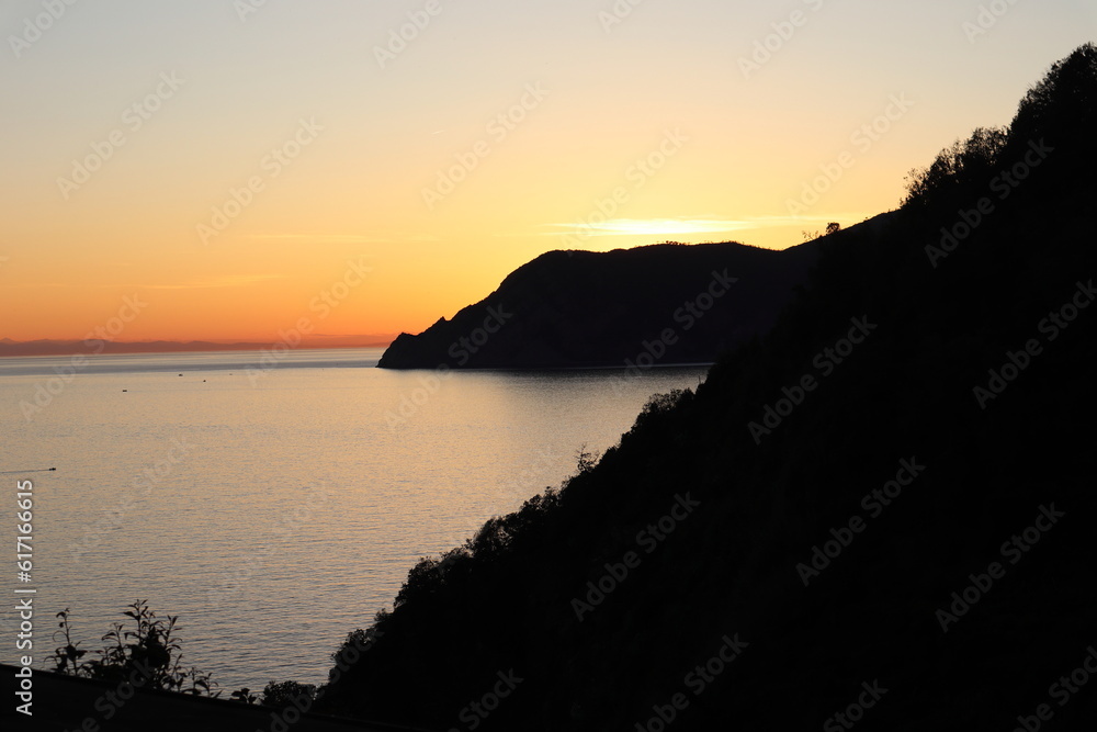 Sunset at the picturesque village of Corniglia, Cinque Terre, Italy. 