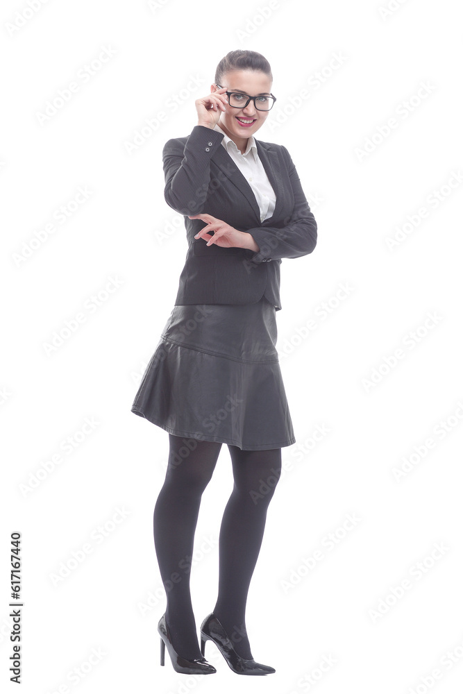 in full growth. smiling businesswoman looking through glasses in full growth. smiling businesswoman looking through glasses