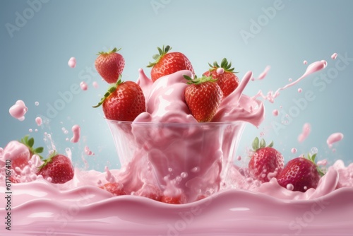strawberry ice cream with splash, strawberry heaven, Surreal Delight: Vibrant CGI Image of Flying Strawberries Colliding with a Wave of Pink Yogurt, Against a Dreamy Backdrop of Light Blue Sky