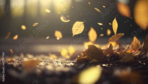 a lot of yellow leaves falling on dust floor sp, Generative AI © YummyPics