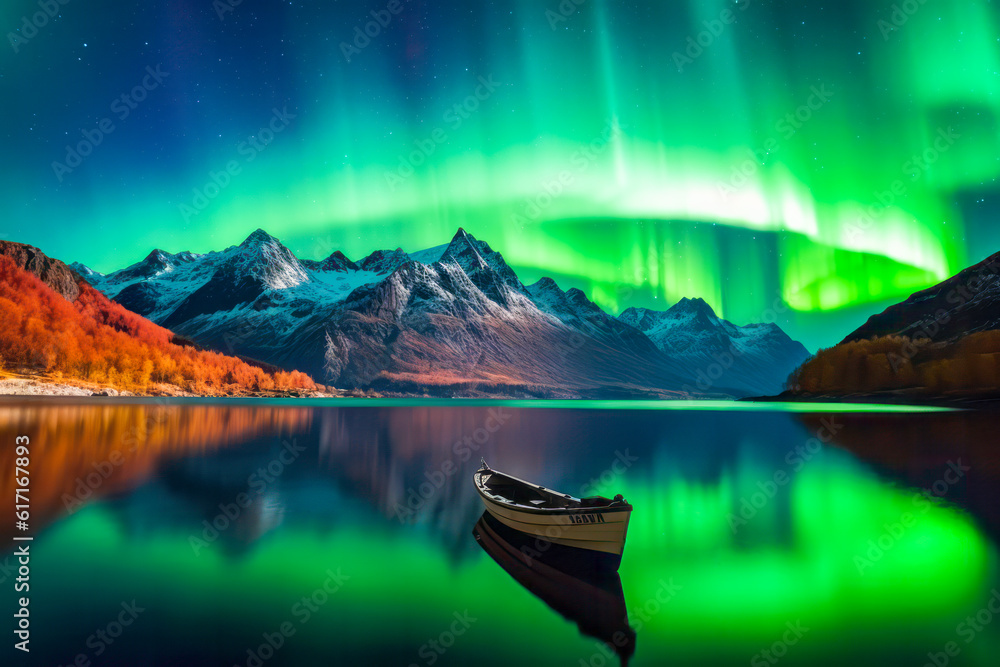 Ship sails through the fjord, vibrant hues of the Aurora borealis illuminate the night sky. Generative AI.