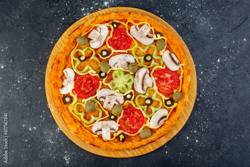 top view tasty mushroom pizza with red tomatoes bell-peppers olives and mushrooms all sliced inside on the grey desk food meal pizza italian