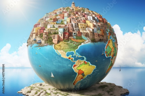 the globe of the world  Wanderlust Dream  A Captivating CGI Image of a Globe Filled with Vacation Locations on a White Background