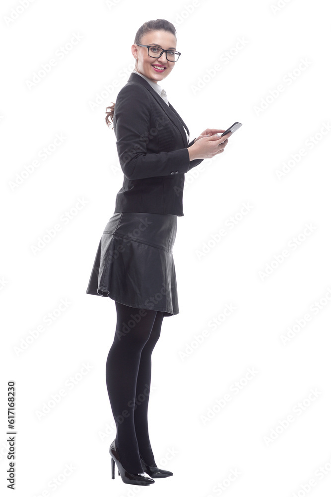 side view. smiling businesswoman reading a text message. side view. smiling businesswoman reading a text message.