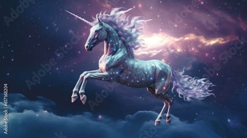 The unicorn flying around with the moon and star