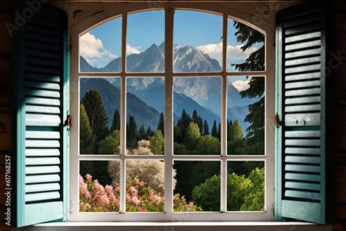 breathtaking mountain view through a window. Generative AI