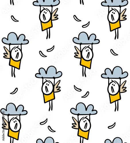 Poor comic angel hanging the cloud and scary to fall down from the sky seamless background. Vector endless pattern.