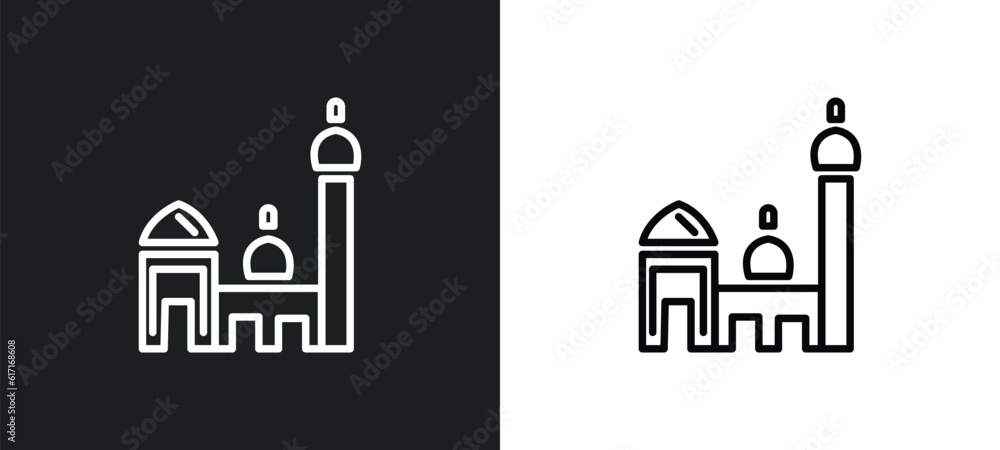 islamic mosque line icon in white and black colors. islamic mosque flat vector icon from islamic mosque collection for web, mobile apps and ui.