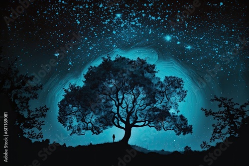 majestic tree under a starry sky. Generative AI © AkuAku