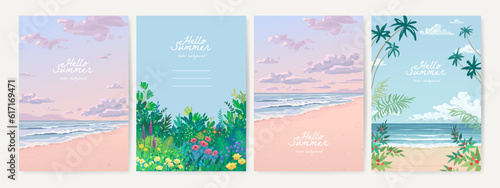 Set of hand drawn vector landscape background. Beautiful illustration of summer garden, beach, sea and sky. Summer holidays poster or banner design template