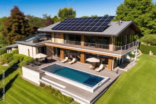 Solar panels on roof of the house renewable energy . Generative AI © spyrakot