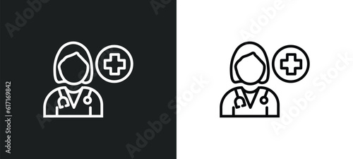 female doctor line icon in white and black colors. female doctor flat vector icon from female doctor collection for web, mobile apps and ui.