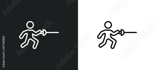 fencing attack line icon in white and black colors. fencing attack flat vector icon from fencing attack collection for web, mobile apps and ui.