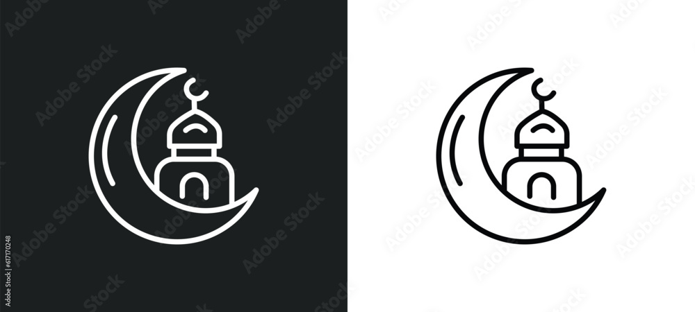mosque and moon line icon in white and black colors. mosque and moon flat vector icon from mosque moon collection for web, mobile apps ui. mosque and moon line icon in white and black colors. mosque and moon flat vector icon from mosque moon collection for web, mobile apps ui.