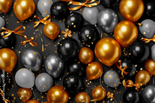 Background with gold and black balloons, generative ai