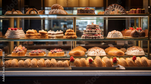 A display case filled with an array of delectable pastries, from flaky danishes and creamy éclairs to colorful fruit tarts, inviting you to indulge in a sweet symphony of flavors Generative AI