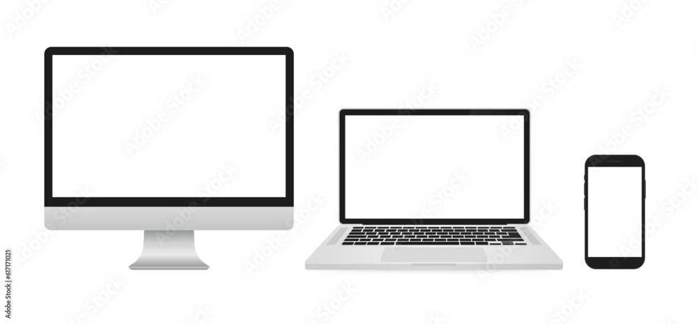 A set of isolated smart devices mockup with blank screen: smartphone, tablet, laptop and desktop on white background. Blank screen template of laptop phone and computer. Vector illustration A set of isolated smart devices mockup with blank screen: smartphone, tablet, laptop and desktop on white background. Blank screen template of laptop phone and computer. Vector illustration