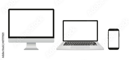 A set of isolated smart devices mockup with blank screen: smartphone, tablet, laptop and desktop on white background. Blank screen template of laptop phone and computer. Vector illustration