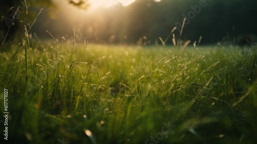 green grass fields in forest morning sunlight bokeh real, Generative AI
