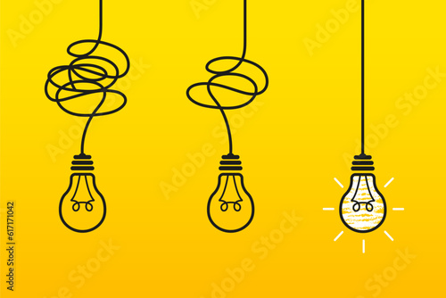 The way to solve a complex idea. The concept of confusion turning into a light bulb. Clarity of thought, brainstorming. Understand the meaning. Doodle. Strategy. Vector illustration