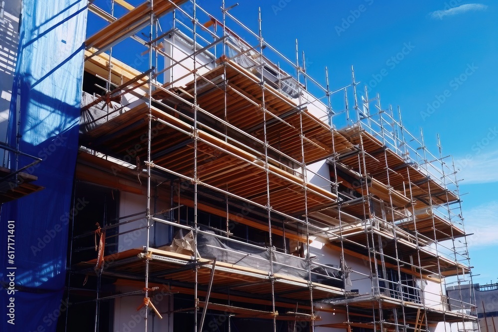 Scaffolding on a building under construction with blue sky in background