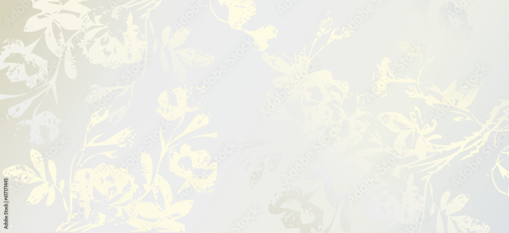 Floral background, white gradient. Botanical pattern, printed flowers, bouquet template. Elegant banner for gift card, wedding invitations, celebrations, platinum card.