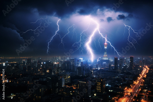 Several lightning struck the big city at night. Terrible weather  heavy clouds. Generated by AI