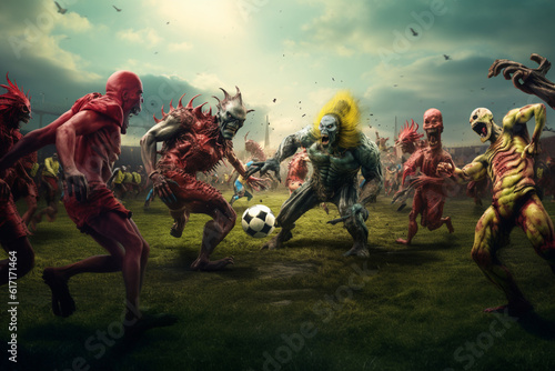 Evil nightmare alien monsters playing football on the field. Scary illustration of monsters having fun. Generated by AI © Madrugada Verde