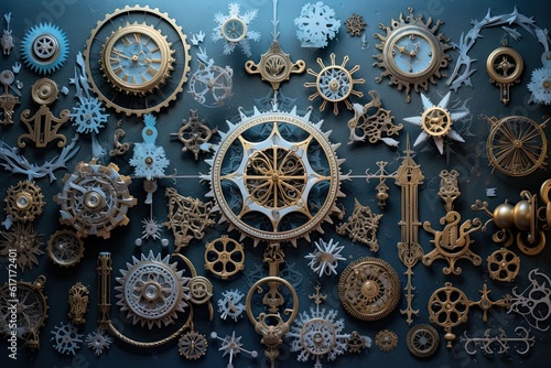 Steampunk Snowflakes a Captivating Background of Victorian-Inspired Cogs, Gears, and Snowflake Magic © Pixel Alchemy