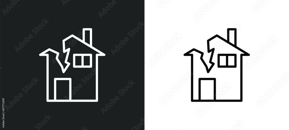 broken house line icon in white and black colors. broken house flat vector icon from broken house collection for web, mobile apps and ui.