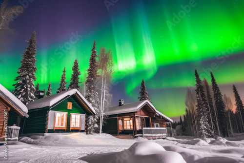 A wooden house finds solace in the embrace of the serene forest, under the mesmerizing display of the Aurora borealis in the night sky. Generative AI. © vladim_ka