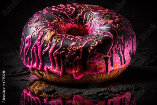 One large donut with a pink glaze on a black background generated by AI