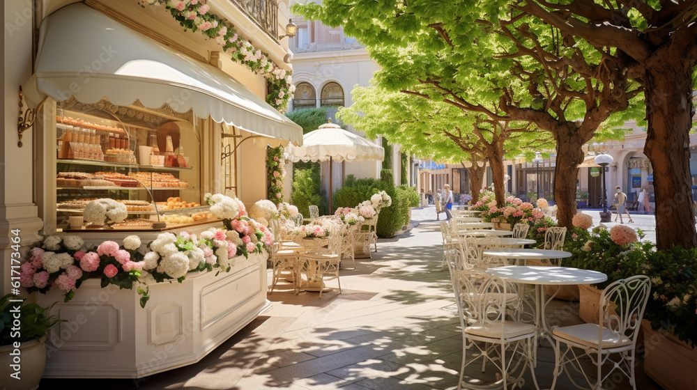 A picturesque outdoor café, adorned with charming patisserie treats on display, where patrons can enjoy their coffee accompanied by beautiful pastries and the gentle breeze Generative AI
