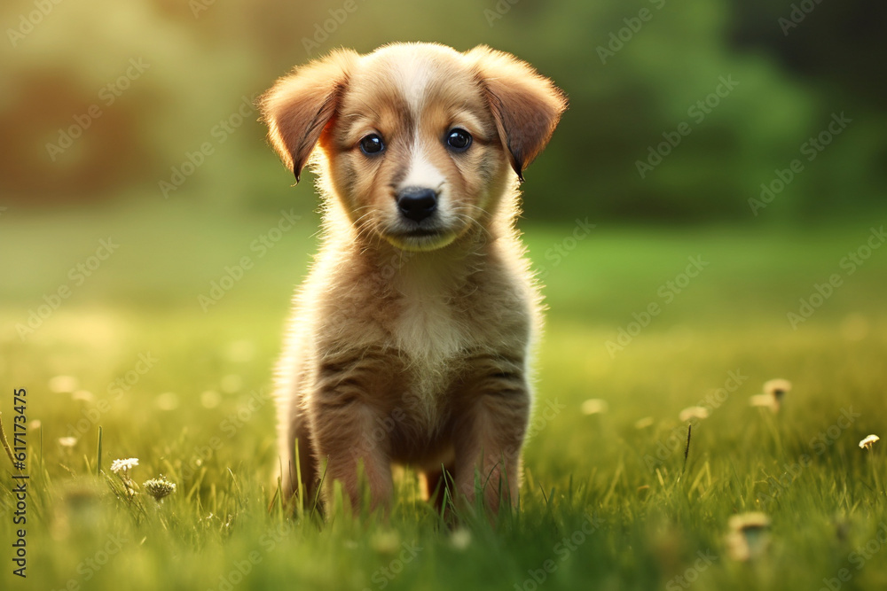 Cute little black puppy on green grass outdoors. AI generated