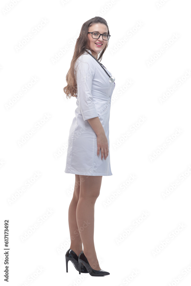 side view. female therapist with a stethoscope looking at the camera side view. female therapist with a stethoscope looking at the camera