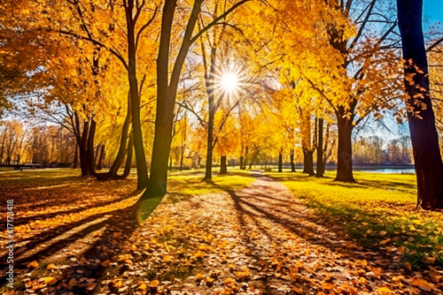 Gold-colored trees  red-orange foliage in an autumn park. AI generated