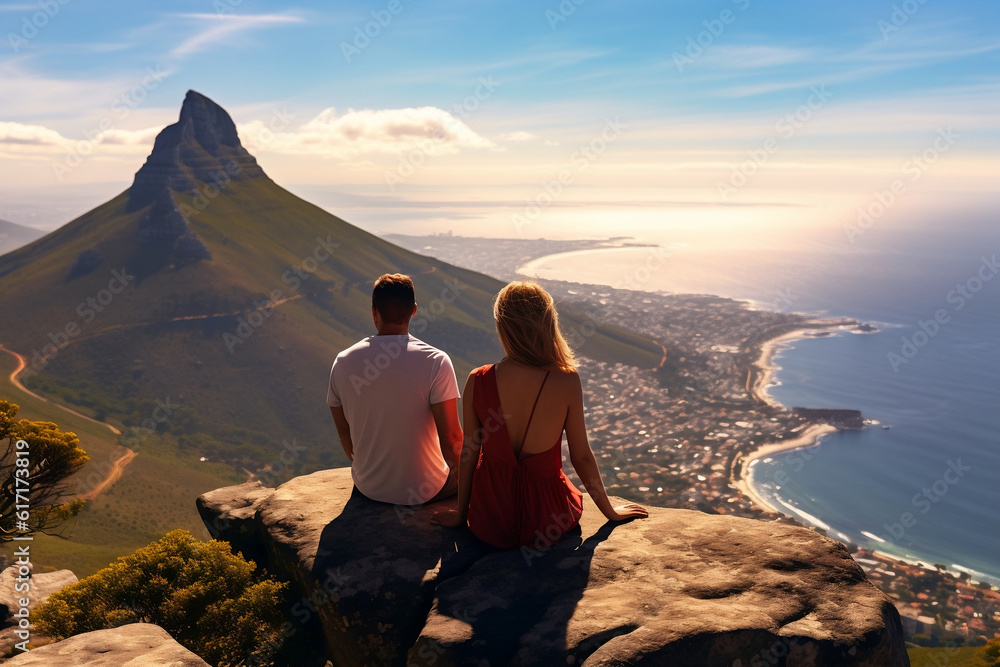 Fototapeta premium A couple sitting on mountain with view of Lions Head Mountain Cape Town summer hike