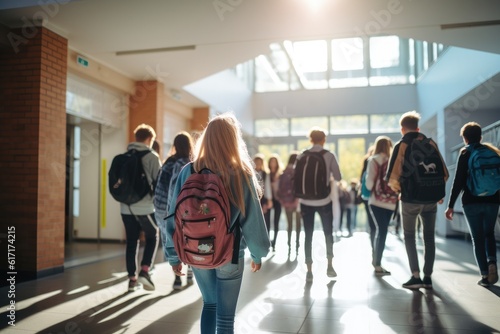 Photo of students, walking down corridor at school, by Generative AI