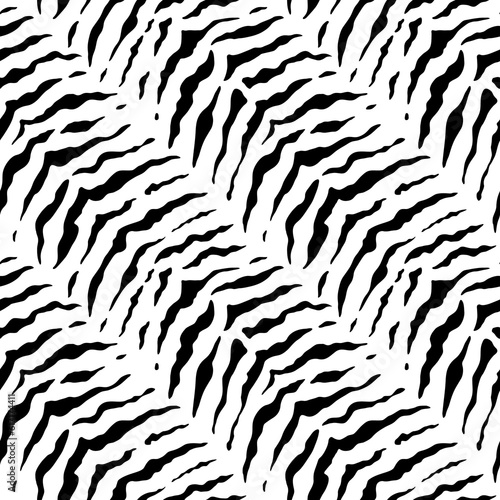 Zebra seamless pattern. Tiger print. Repeating animal skin texture. Black stripe jungle isolated on white background. Repeated abstract wave. Repeat hand drawn design for prints. Vector illustration