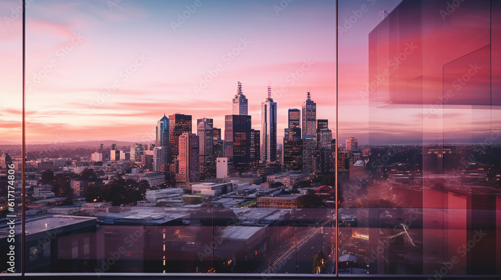 An expansive and detailed view of a bustling city skyline at sunset ...