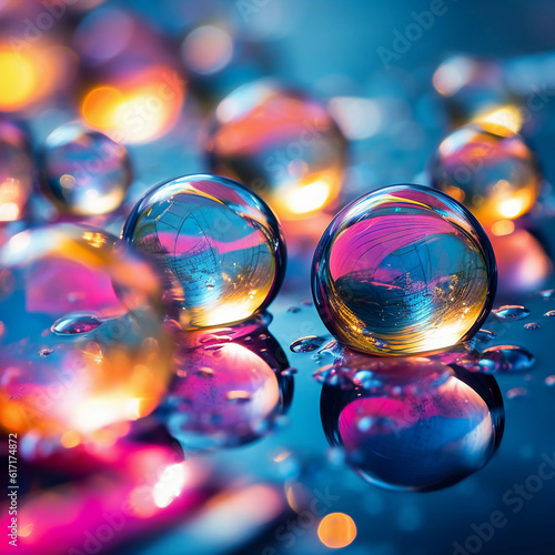 Bubbles on water surface: colorful reflections, abstract, closeup, under soft light, high resolution