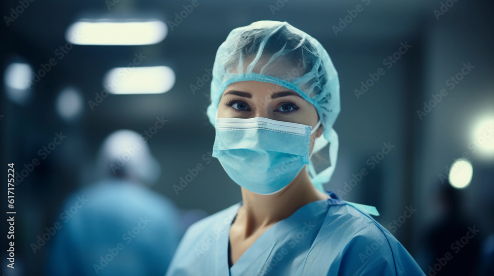 Hyperrealistic photograph, a dedicated female surgeon in the midst of a critical operation, under the bright surgical lights, surgical mask on, eyes focused and determined, instruments in hand. Hyperrealistic photograph, a dedicated female surgeon in the midst of a critical operation, under the bright surgical lights, surgical mask on, eyes focused and determined, instruments in hand.