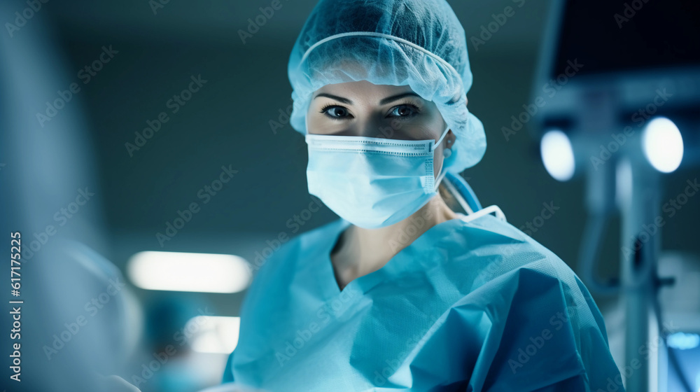 Hyperrealistic photograph, a dedicated female surgeon in the midst of a critical operation, under the bright surgical lights, surgical mask on, eyes focused and determined, instruments in hand. Hyperrealistic photograph, a dedicated female surgeon in the midst of a critical operation, under the bright surgical lights, surgical mask on, eyes focused and determined, instruments in hand.