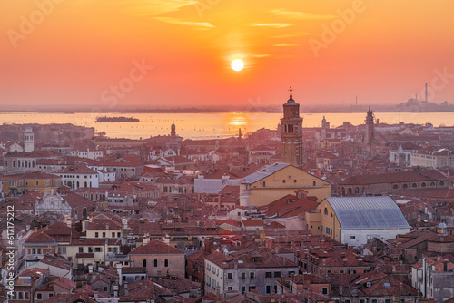 Top view of Venice from the St. Mark's Campanile tower at sunset, Italy, Europe.