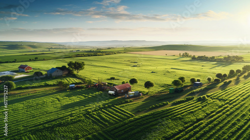 Hyper - realistic photograph  aerial view of a thriving agricultural landscape at sunrise  lush green fields carved into geometric patterns  a flock of sheep grazing leisurely  an old rustic red tract