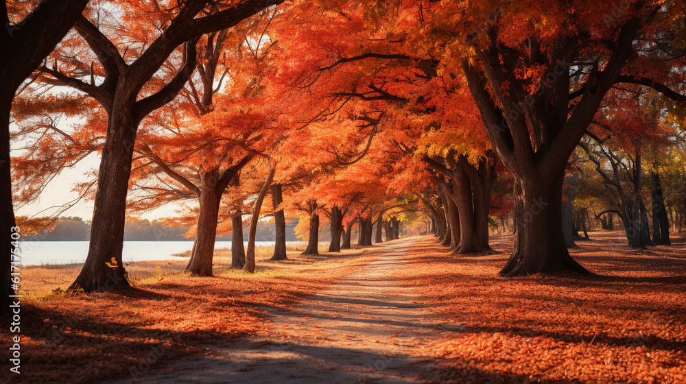 Hyper - realistic photograph of a tranquil autumn scene: a carpet of fiery red and orange leaves under majestic oak trees, sun filtering through the branches, casting dappled light on the leaf - strew