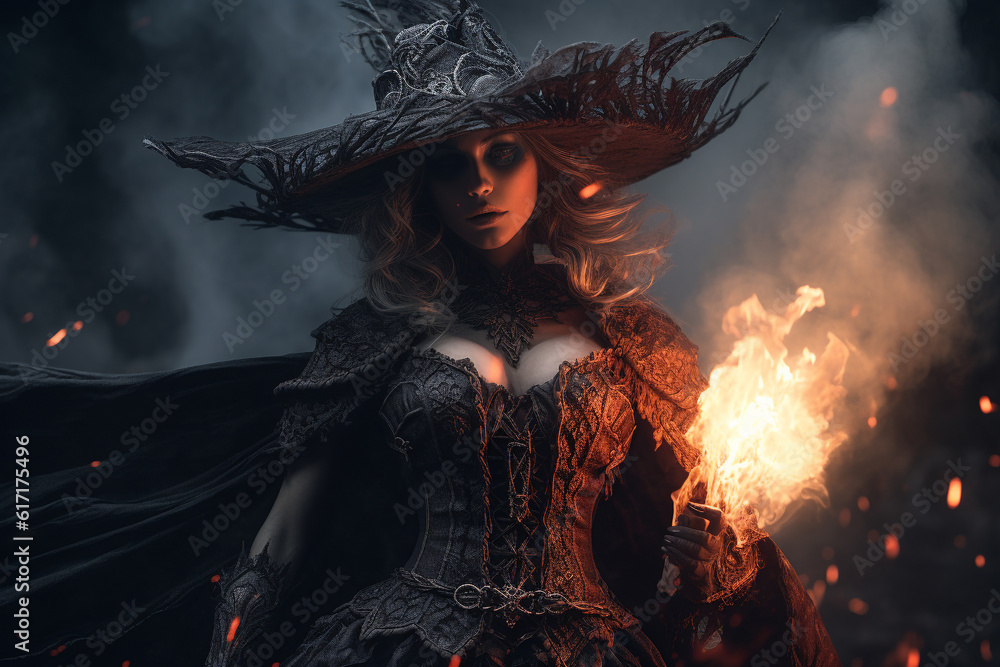 Witch. Woman endowed with witchcraft abilities that she received from nature or learned to witch. Broom, familiars, pointed hat, cauldron. Capable of harming people, sending disease. Generative AI